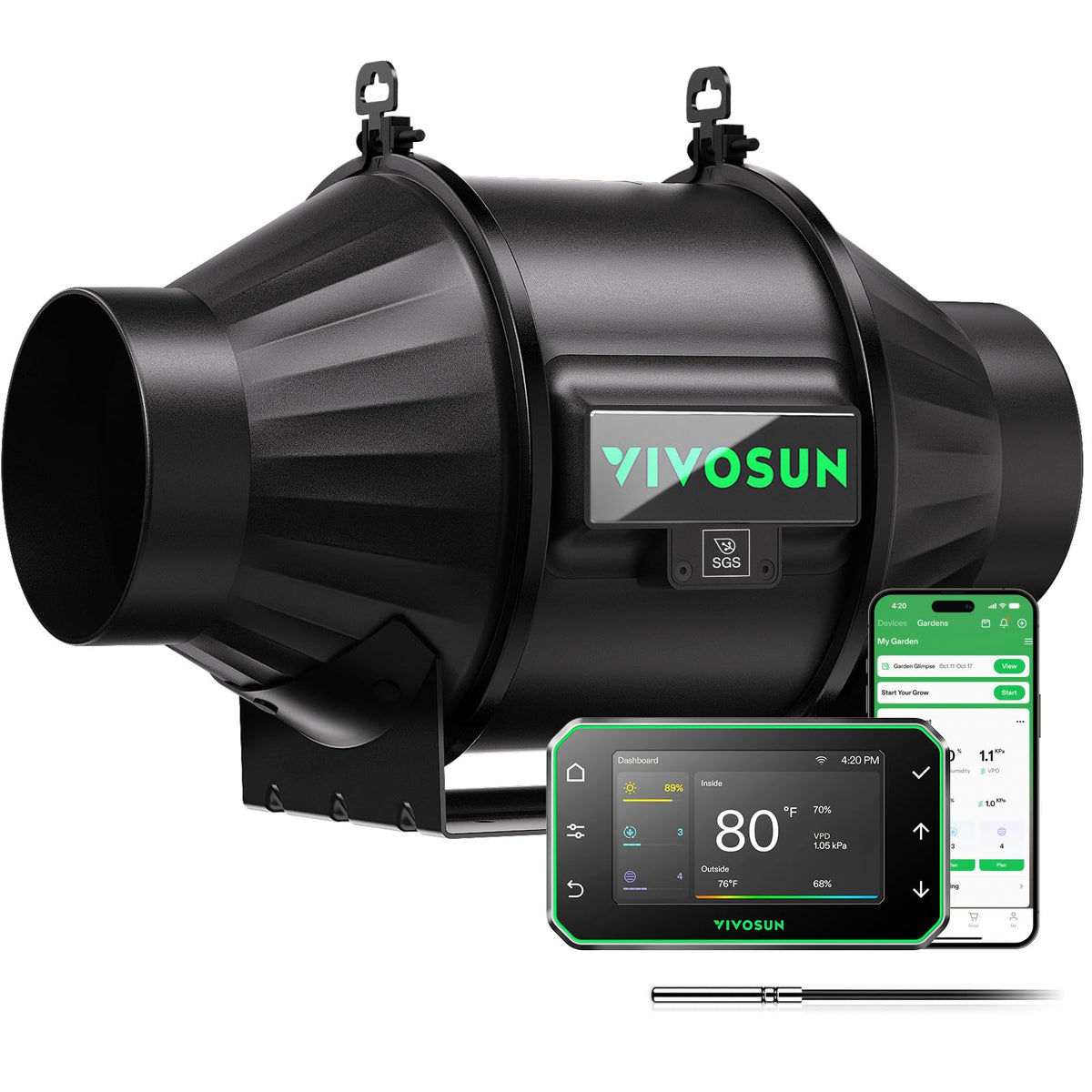 VIVOSUN T4 Inline Fan front view with controller