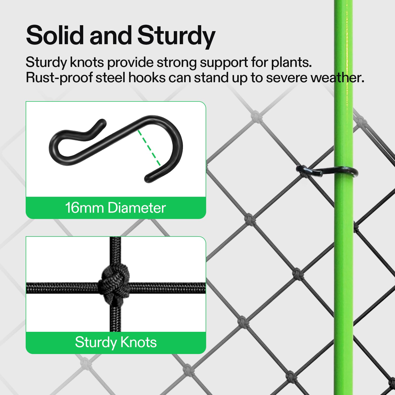 VIVOSUN trellis netting package showing dimensions and hooks