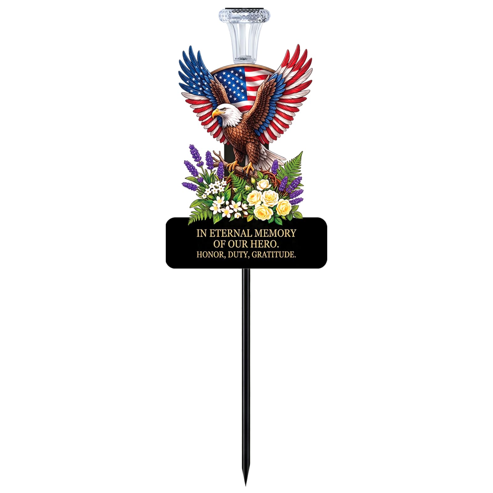 VKEVOC 20-inch Solar Eagle Memorial Garden Stake front view with American flag design