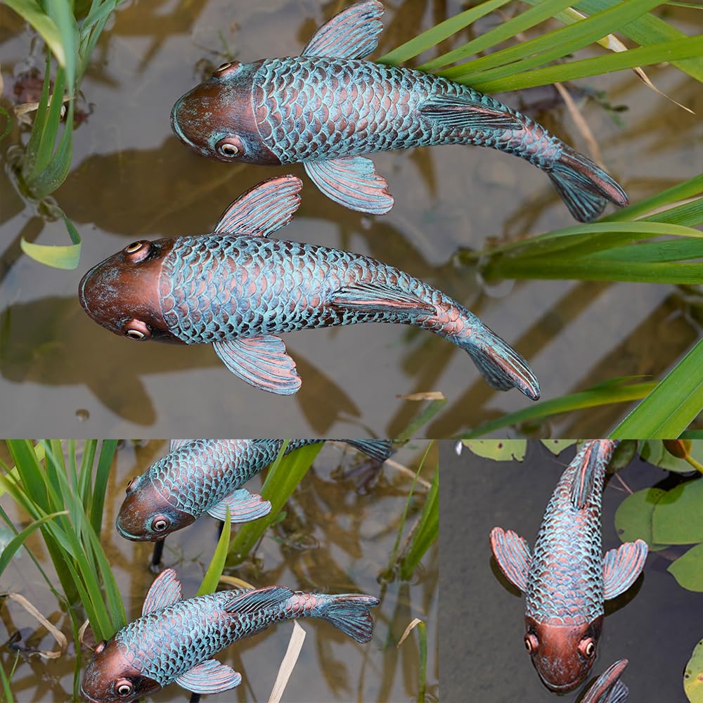 VKEVOC koi fish statue with garden flowers in background