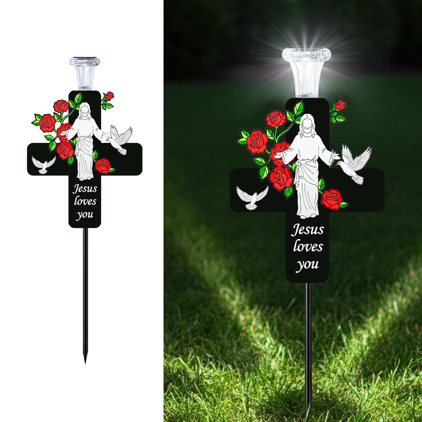 VKEVOC Solar Jesus Cross Memorial Stake front view with roses
