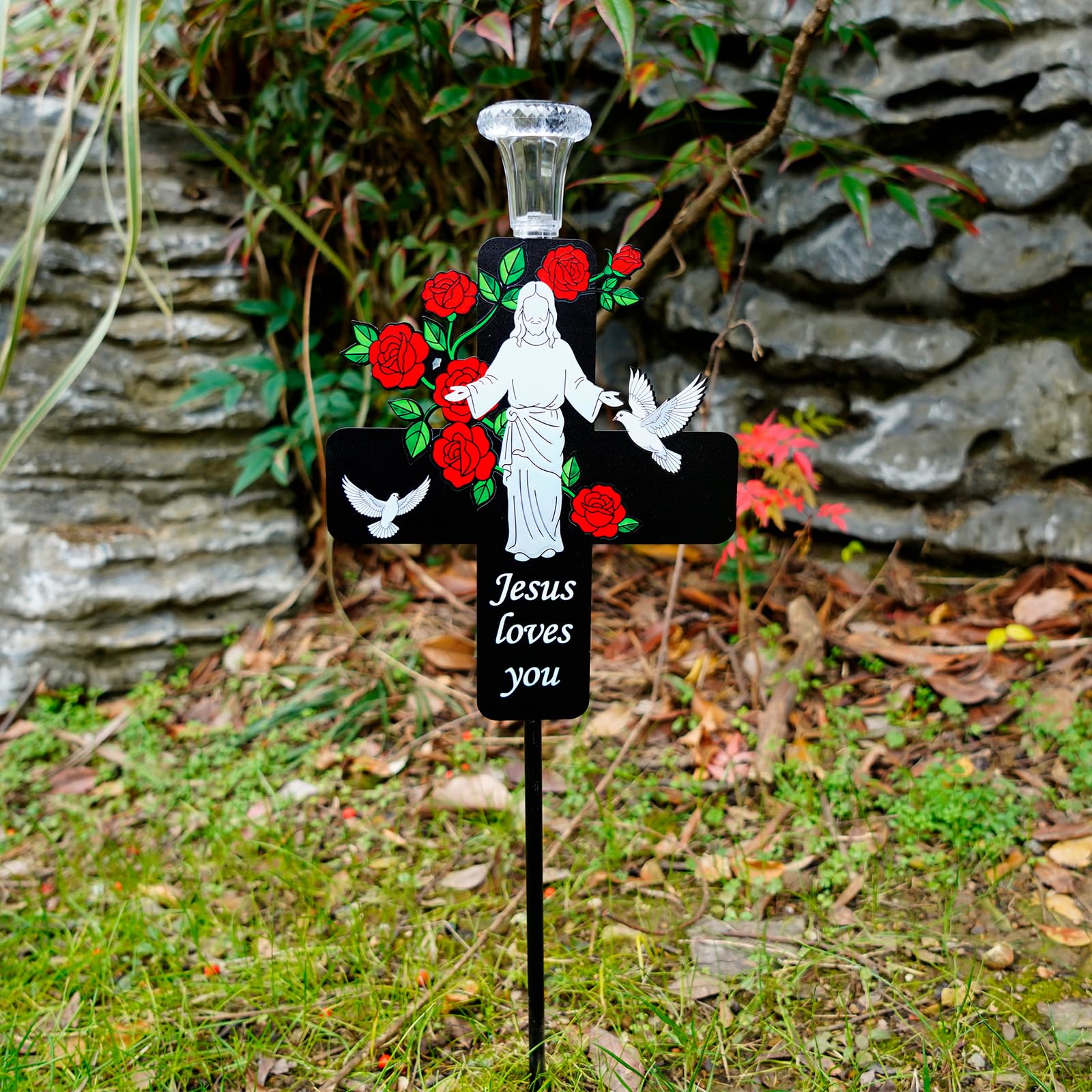 VKEVOC Solar Jesus Cross Memorial Stake glowing in the dark