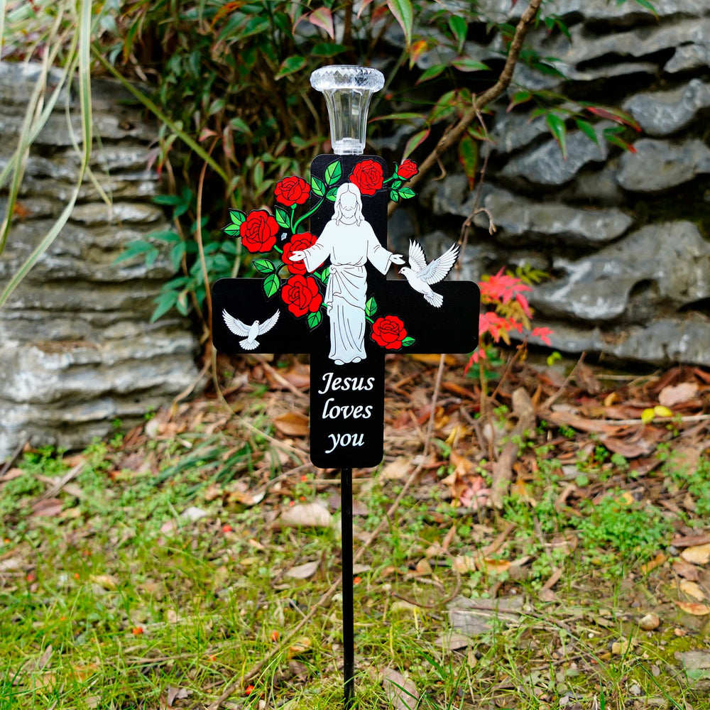 VKEVOC Solar Jesus Cross Memorial Stake glowing in the dark