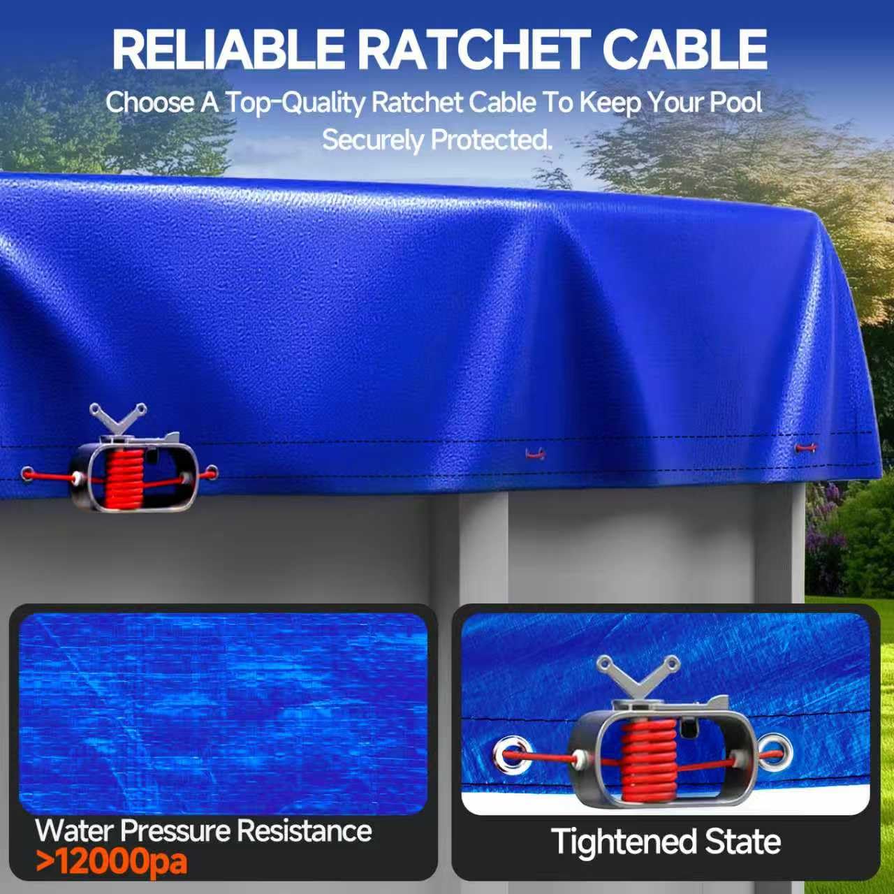 VniYors pool cover packaging showing features
