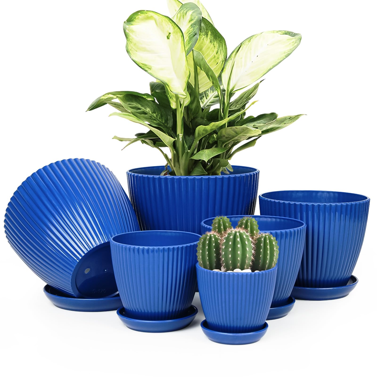 Vodotion dark blue plant pots set with matching saucers