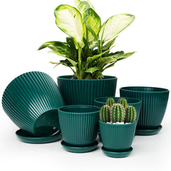 Vodotion indoor plant pots set with saucers, dark green, front view