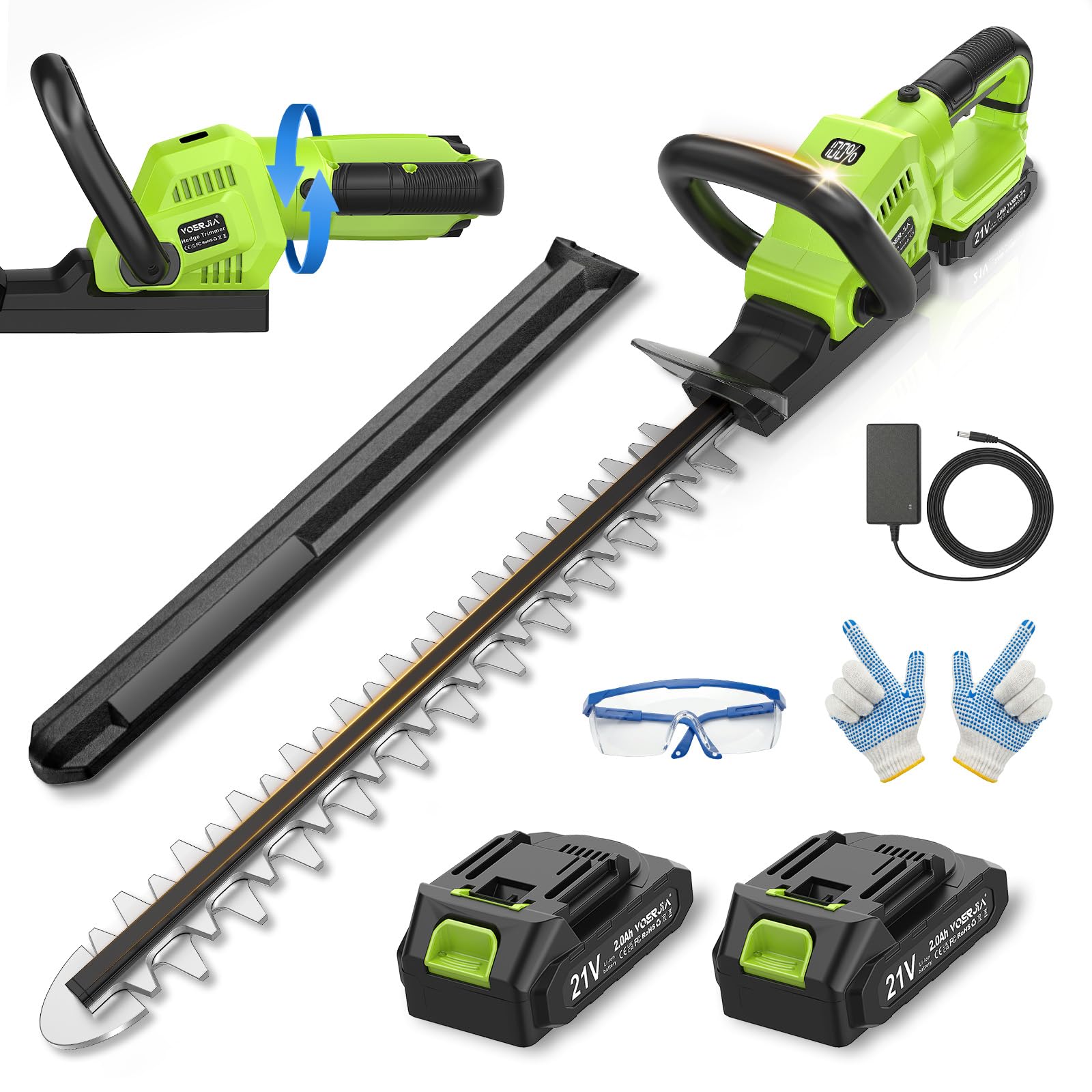VOERJIA Cordless Hedge Trimmer front view with LCD display