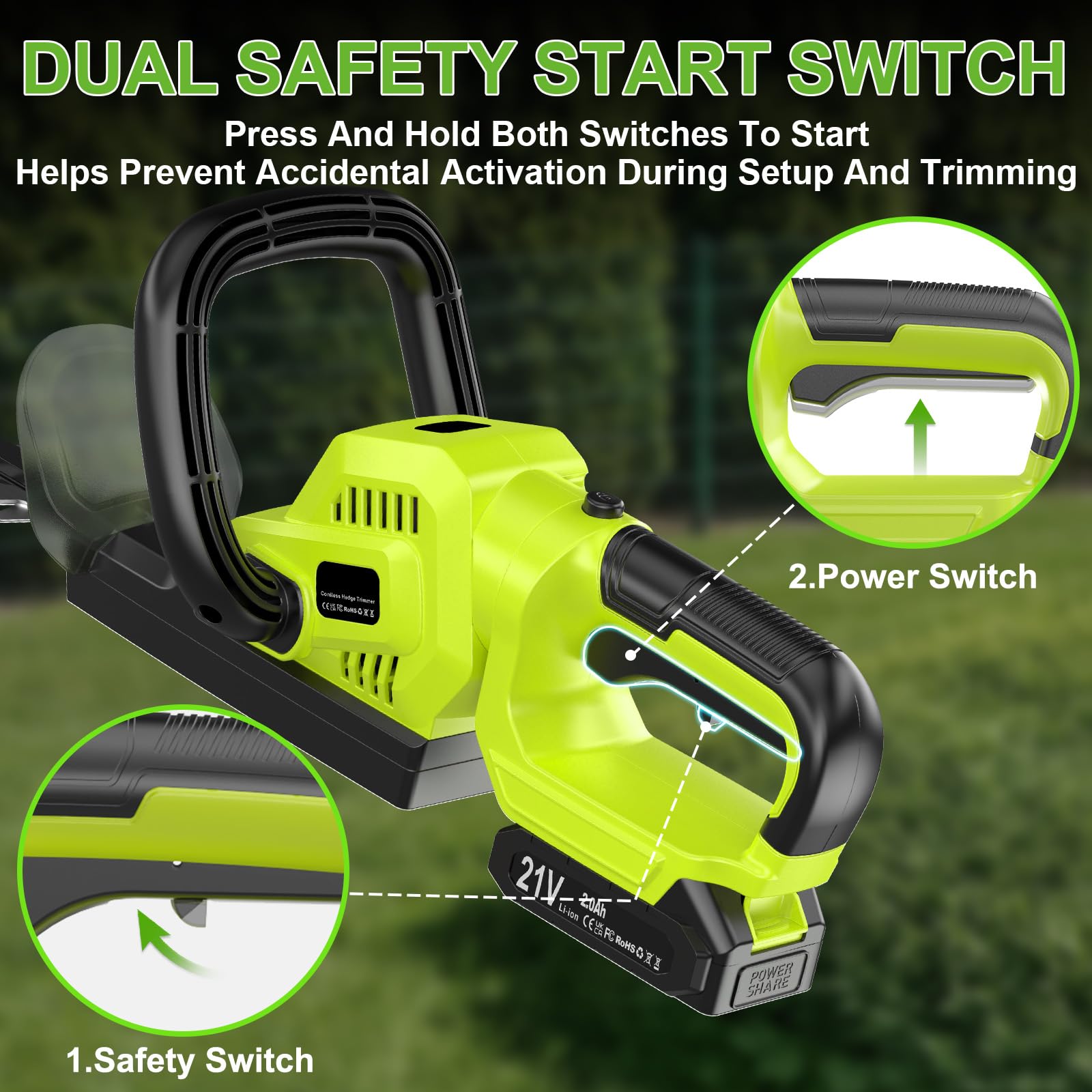 VOERJIA Cordless Hedge Trimmer showing battery level display