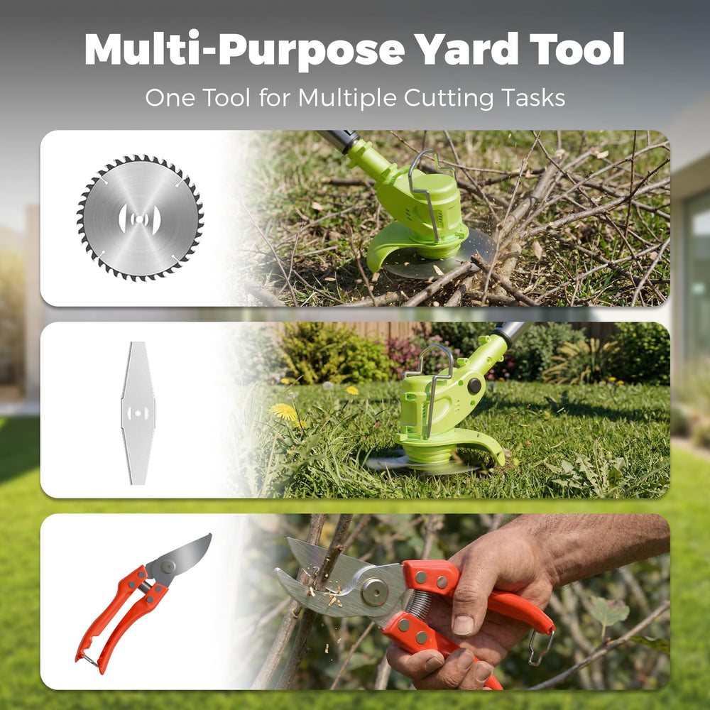 VOL2GO weed wacker with safety goggles and gloves