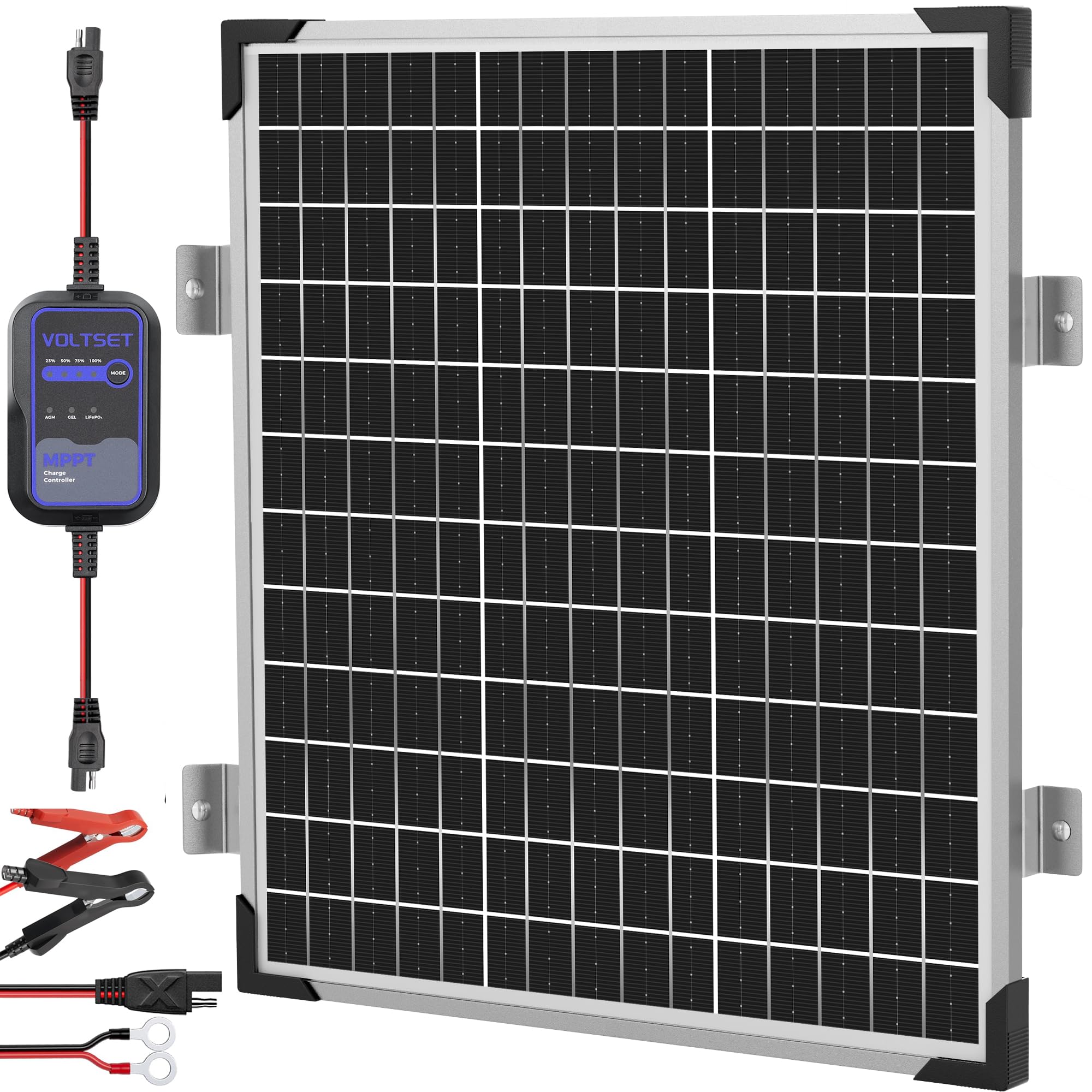 Voltset 50W Solar Panel Charger Kit front view with mounting bracket