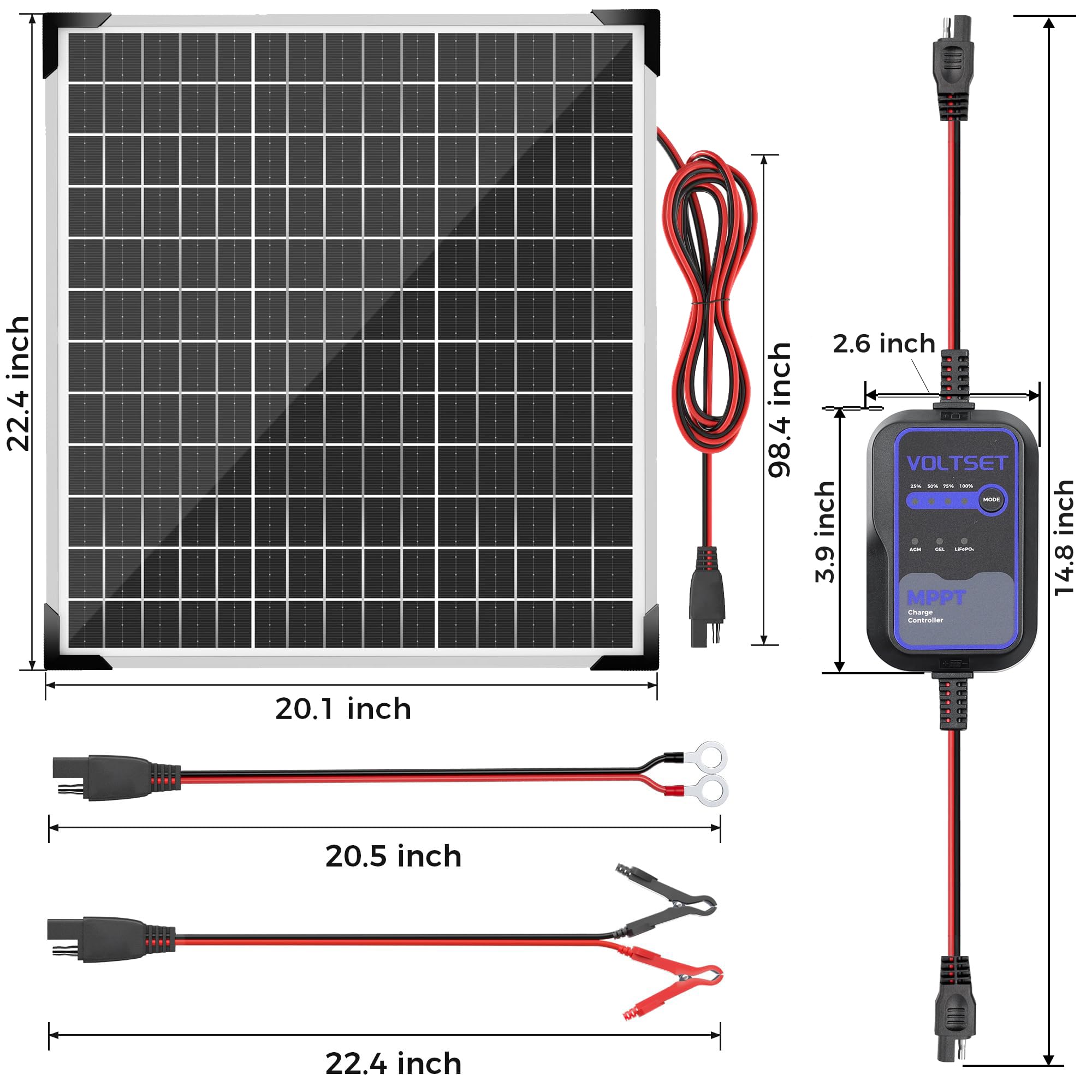 Voltset solar panel kit with alligator clips and O-rings