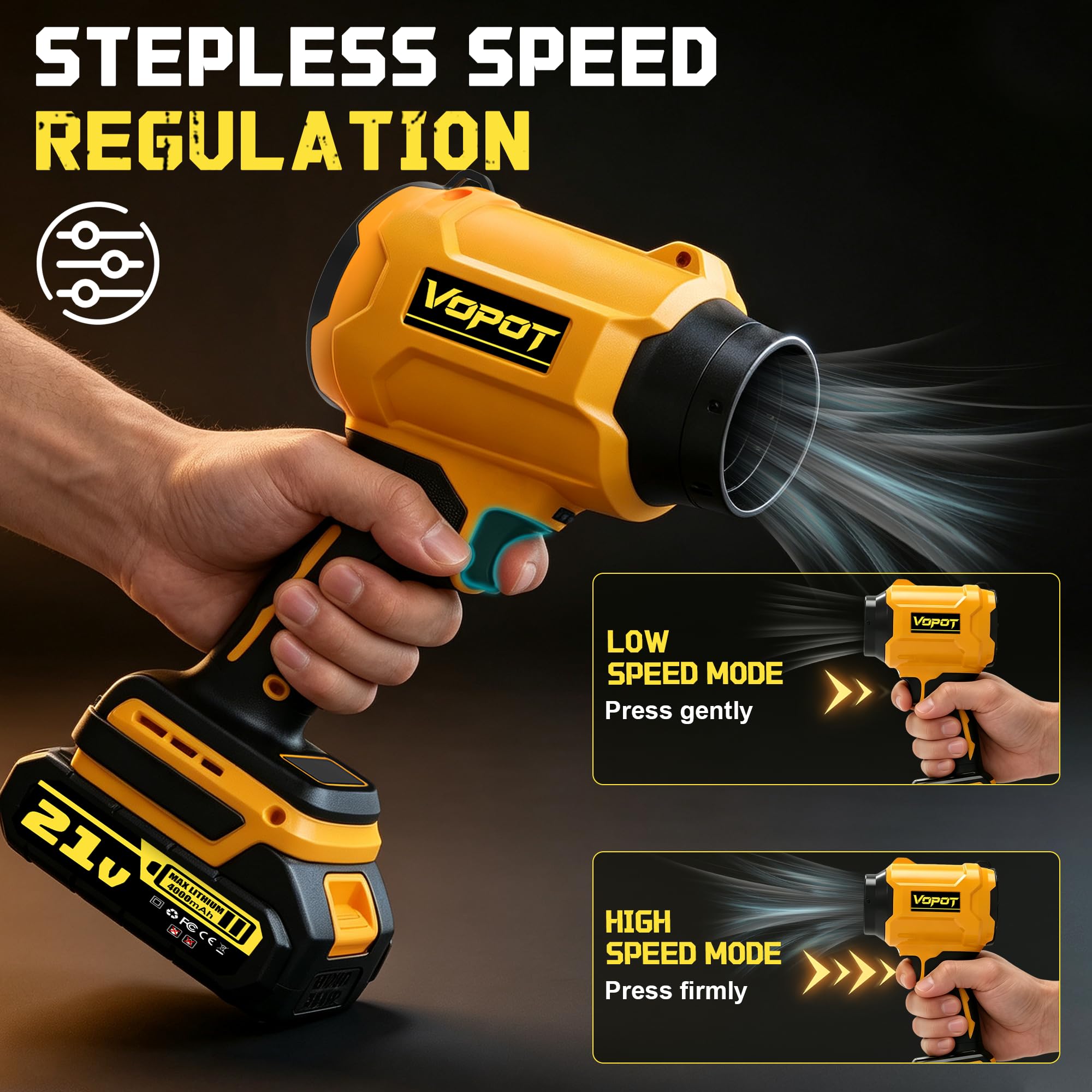 Vopot Cordless Leaf Blower with extension tube attached