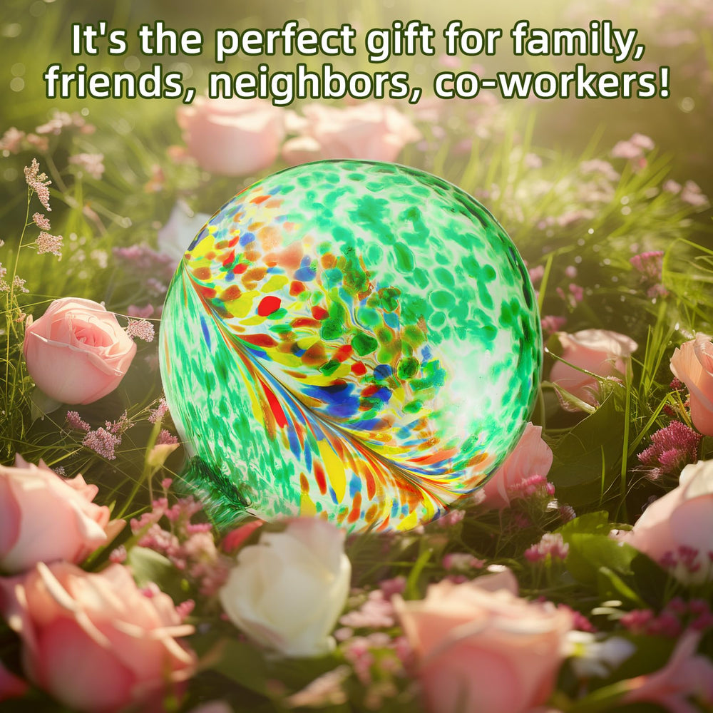 VOREEN 10-inch glass gazing ball on a decorative stand