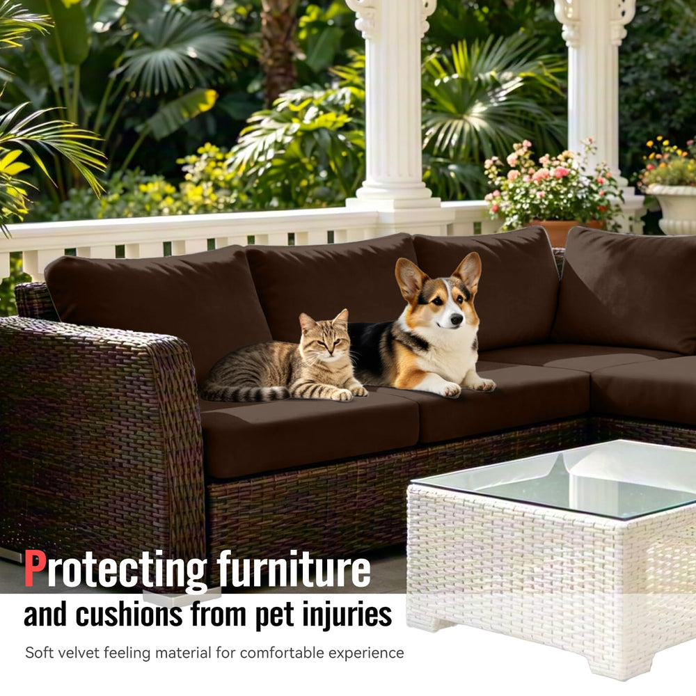 Vorshape cushion covers in use on an outdoor sofa