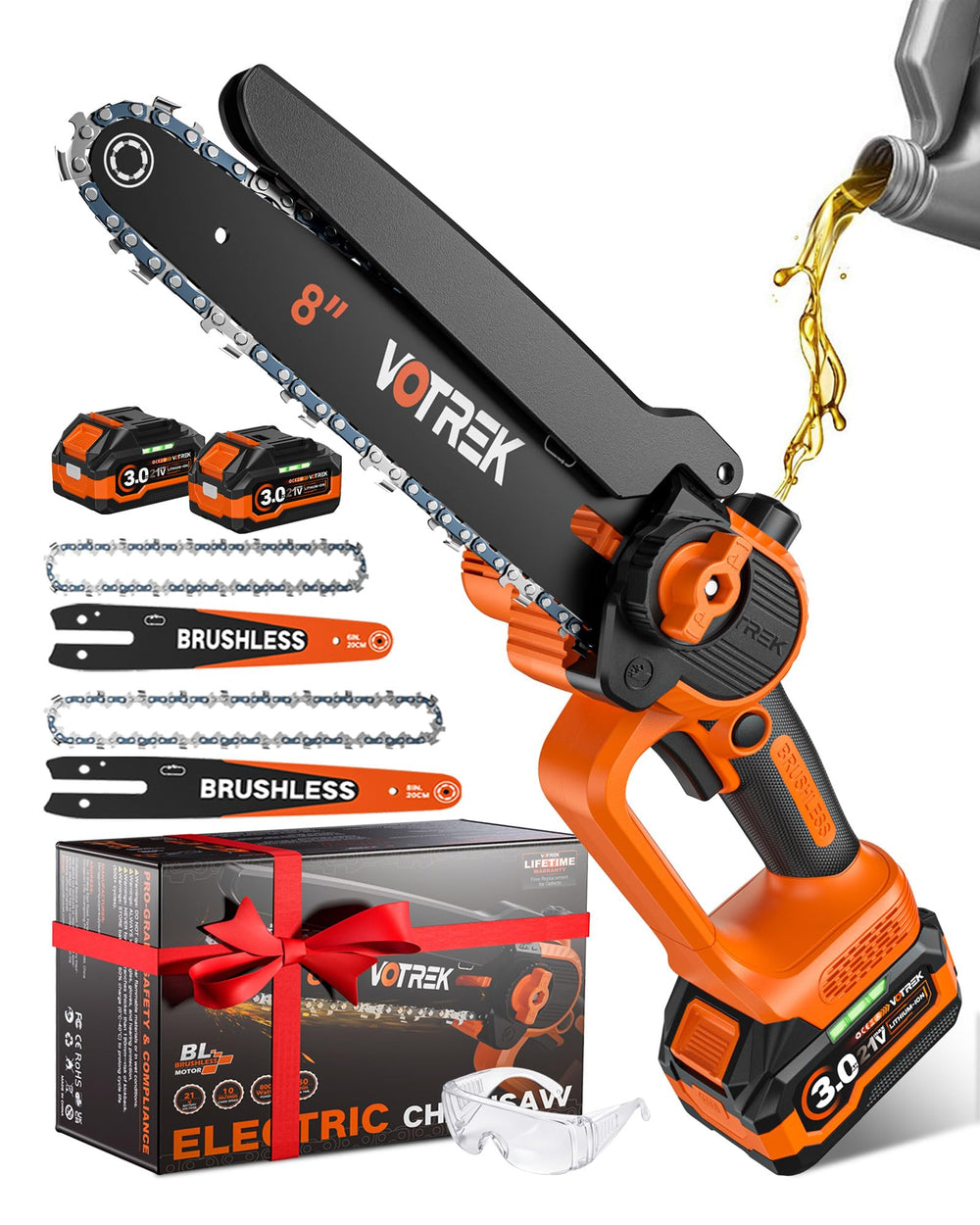 VOTREK 6 & 8-Inch Mini Chainsaw front view with battery