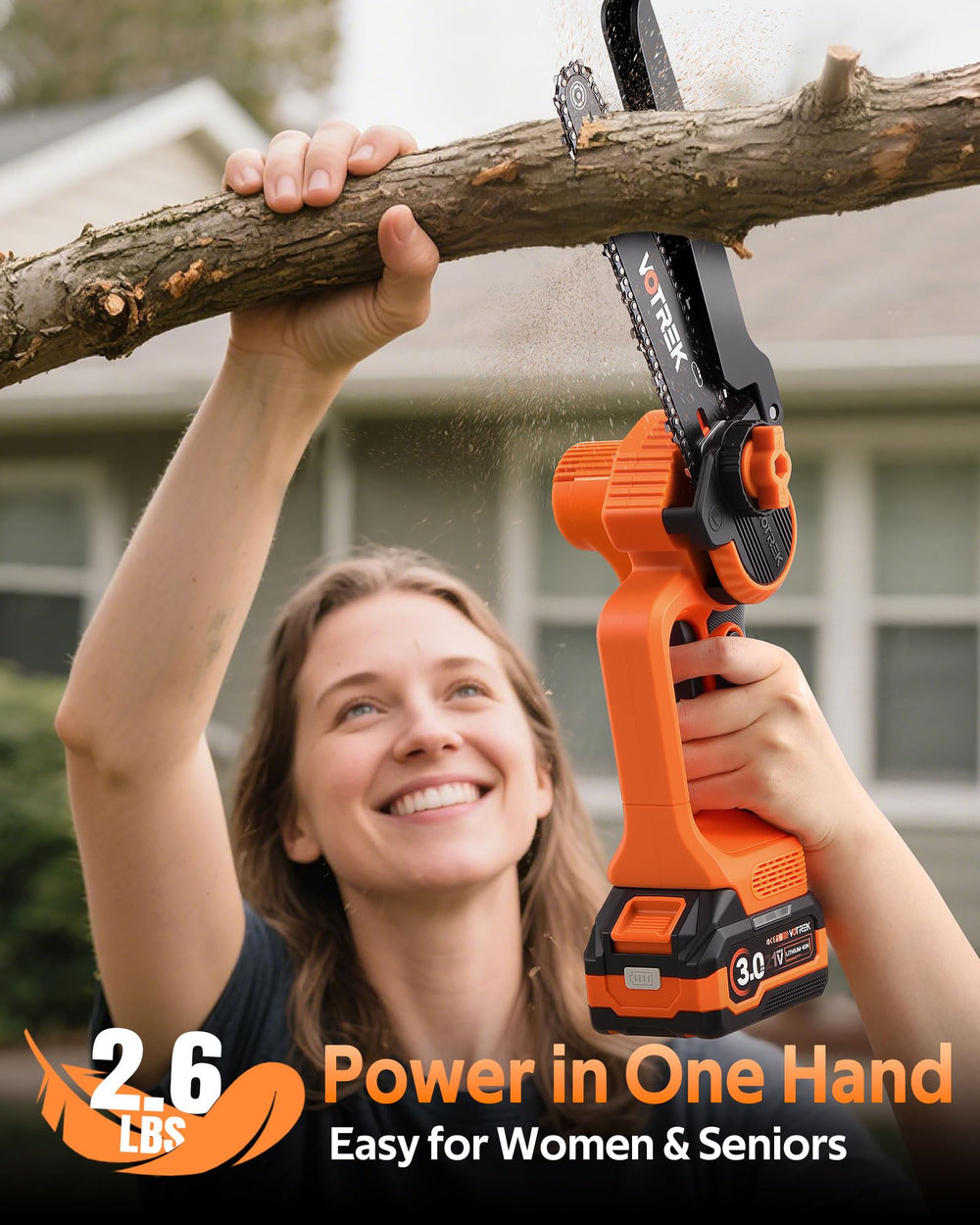 VOTREK Mini Chainsaw showing automatic chain oiler