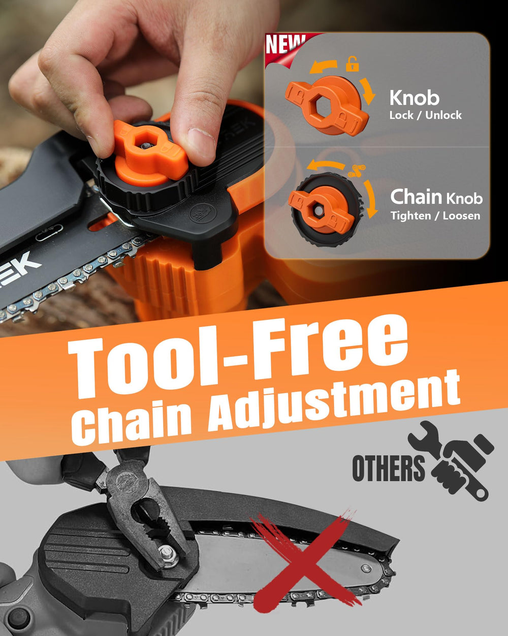 VOTREK Mini Chainsaw tool-free tensioning feature