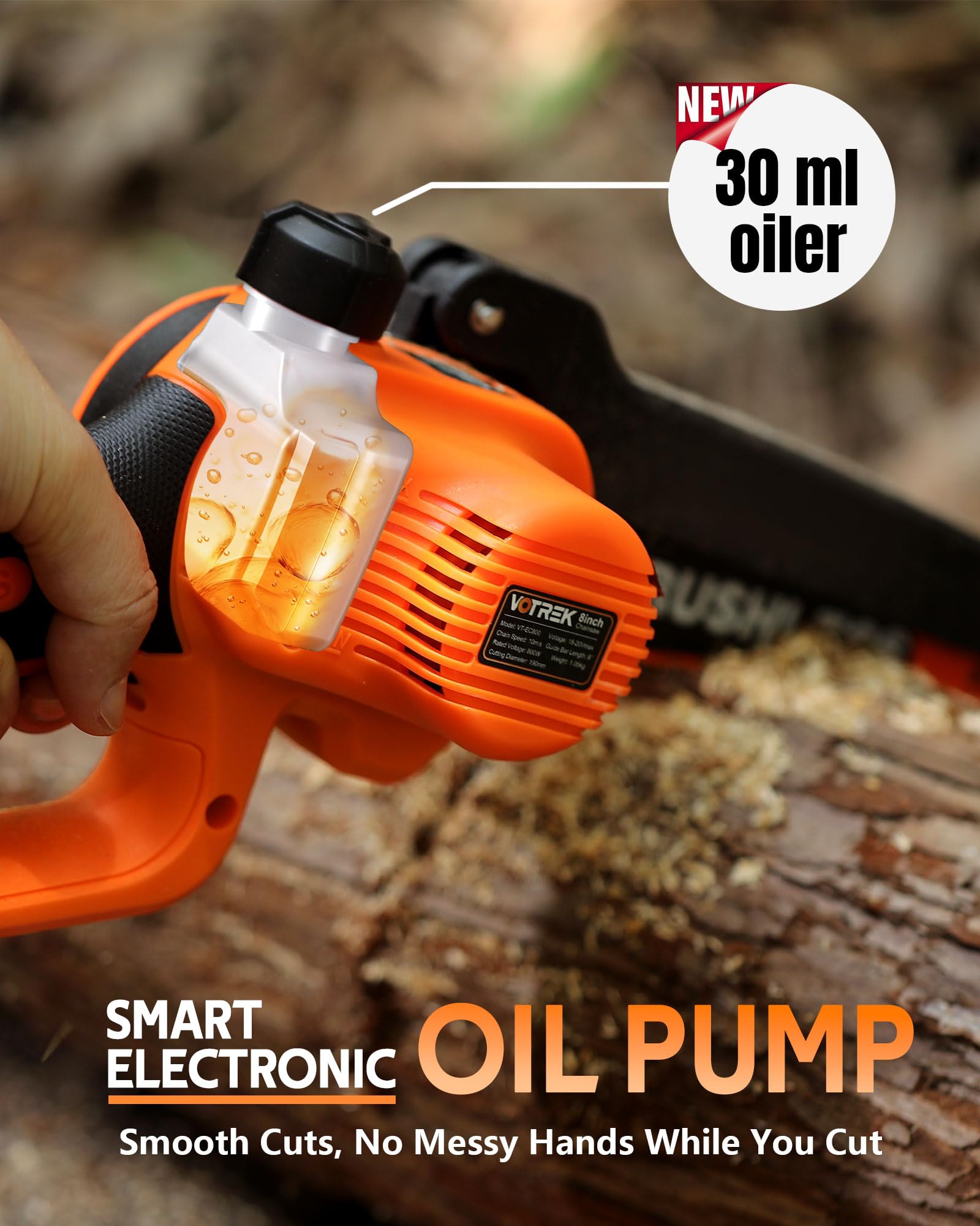 VOTREK Mini Chainsaw with red orange finish