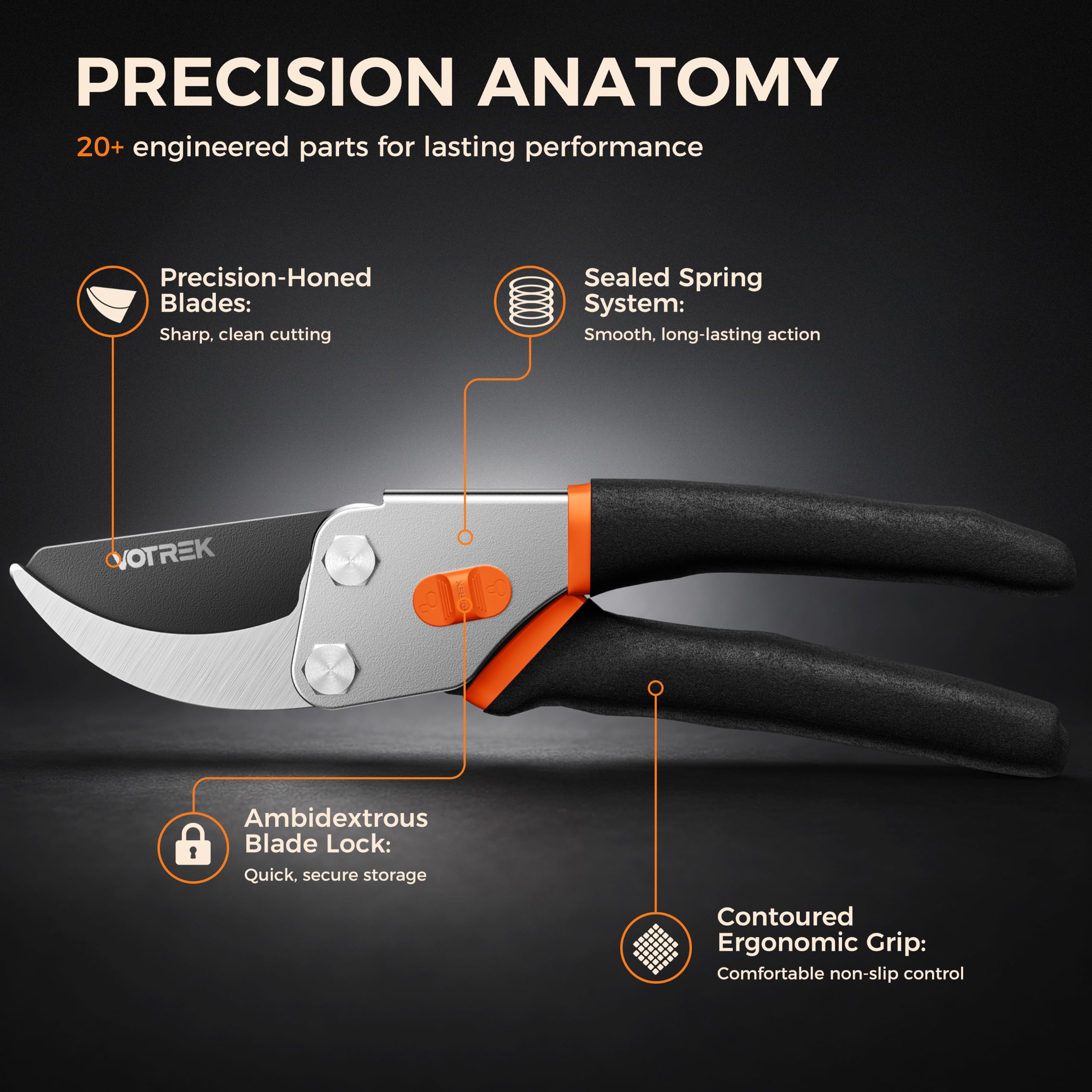 VOTREK pruning shears beside various gardening tools