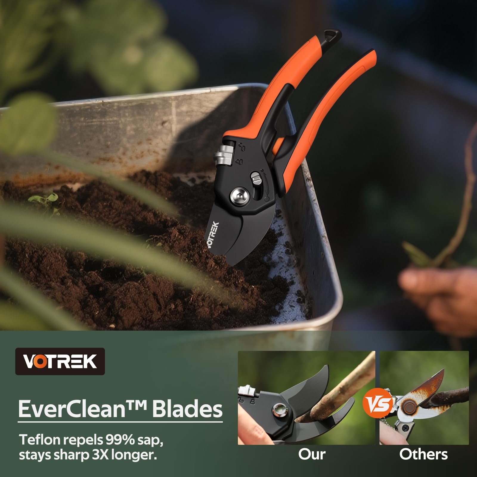 VOTREK Pruning Shears on gardening table with tools