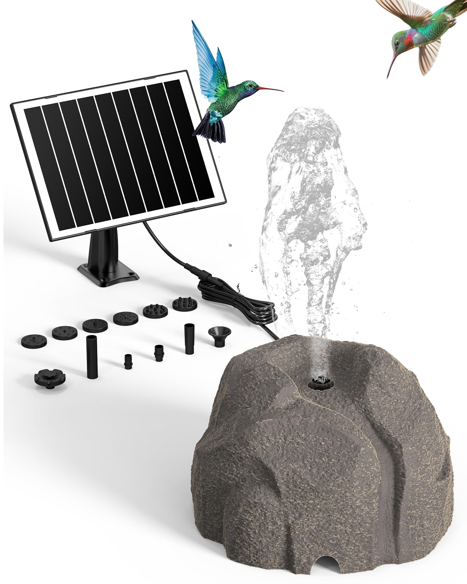 Vovamo Rock Solar Fountain front view with realistic granite texture