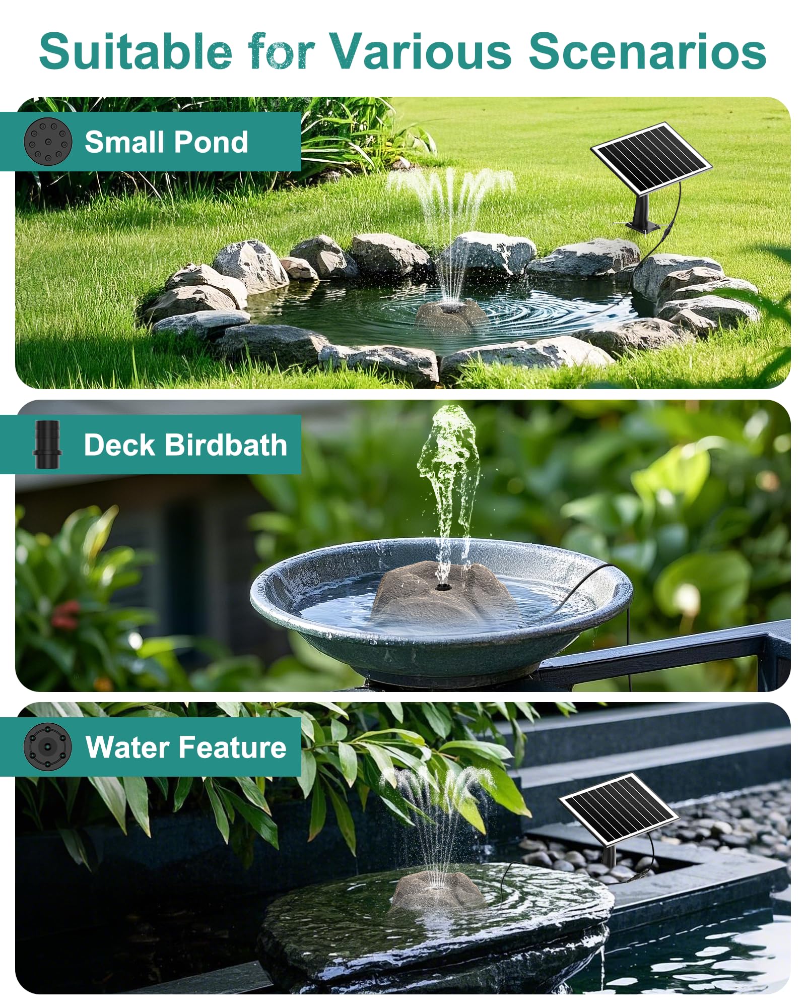 Vovamo Rock Solar Fountain with solar panel and water flowing