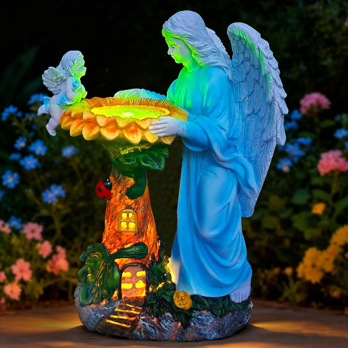 Voveexy Solar Angel Garden Statue front view with color changing light