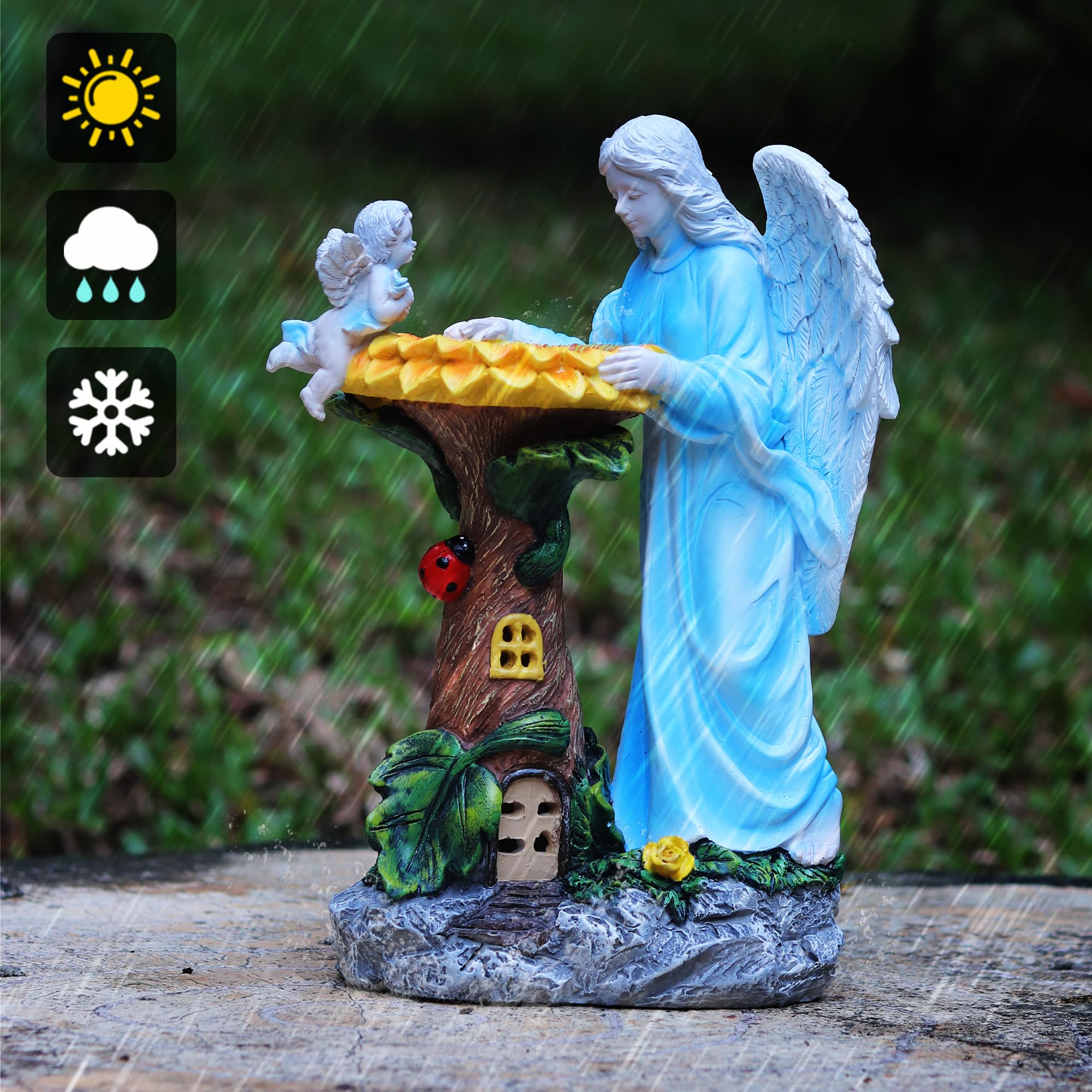 Voveexy Solar Angel Garden Statue lit up at night in garden