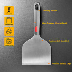 Vovoly griddle scraper in use flipping burgers on a grill