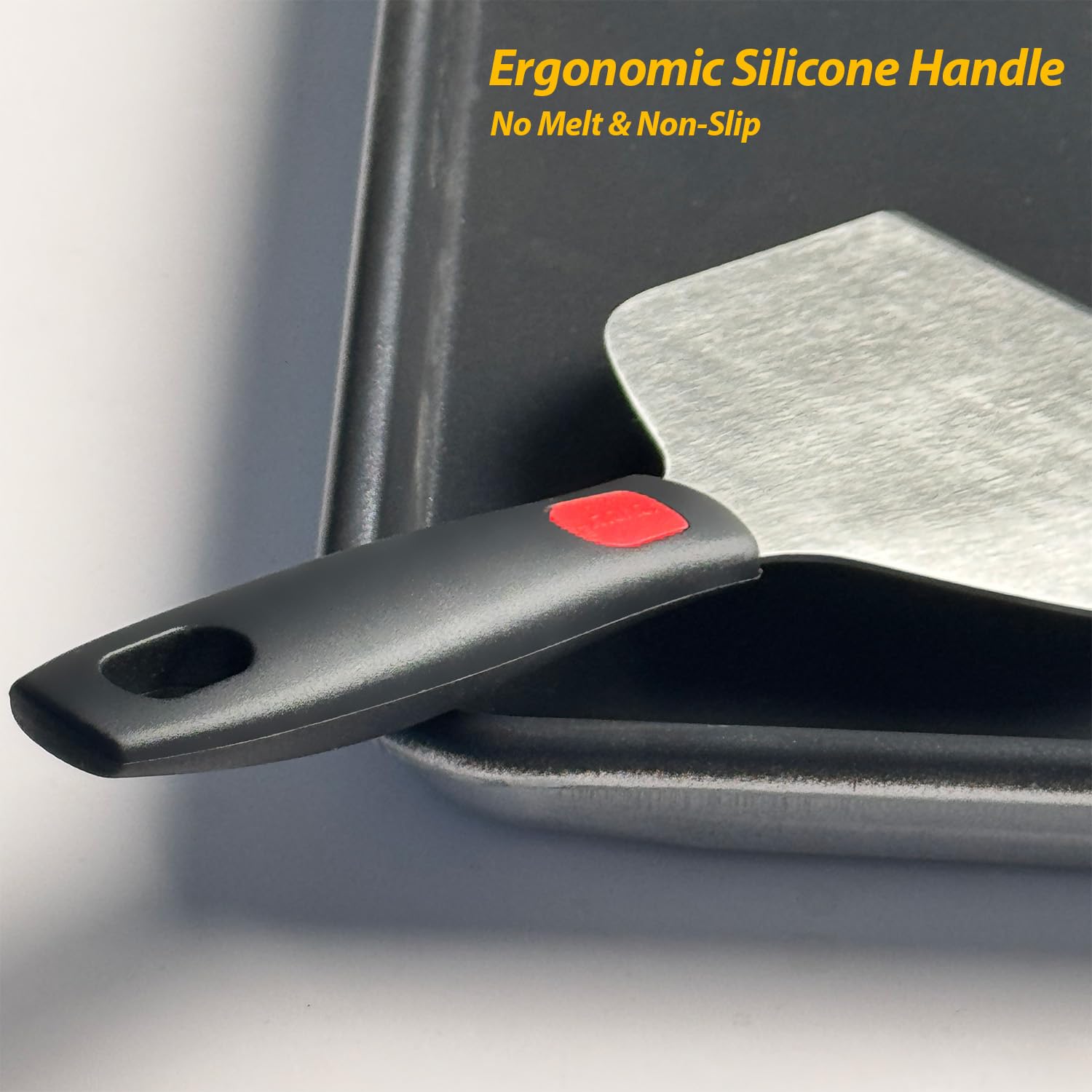Vovoly griddle scraper with silicone handle from side view