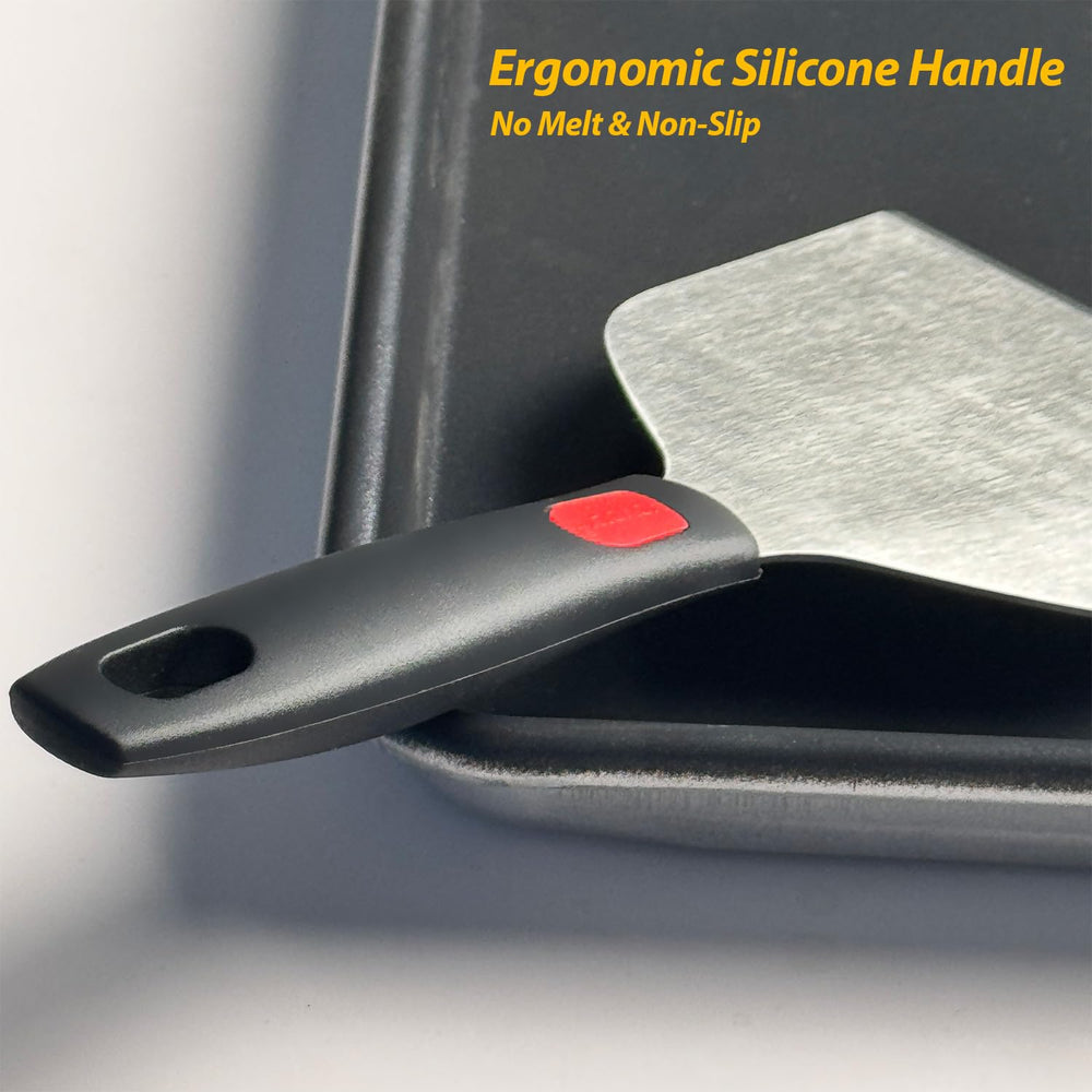 Vovoly griddle scraper with silicone handle from side view