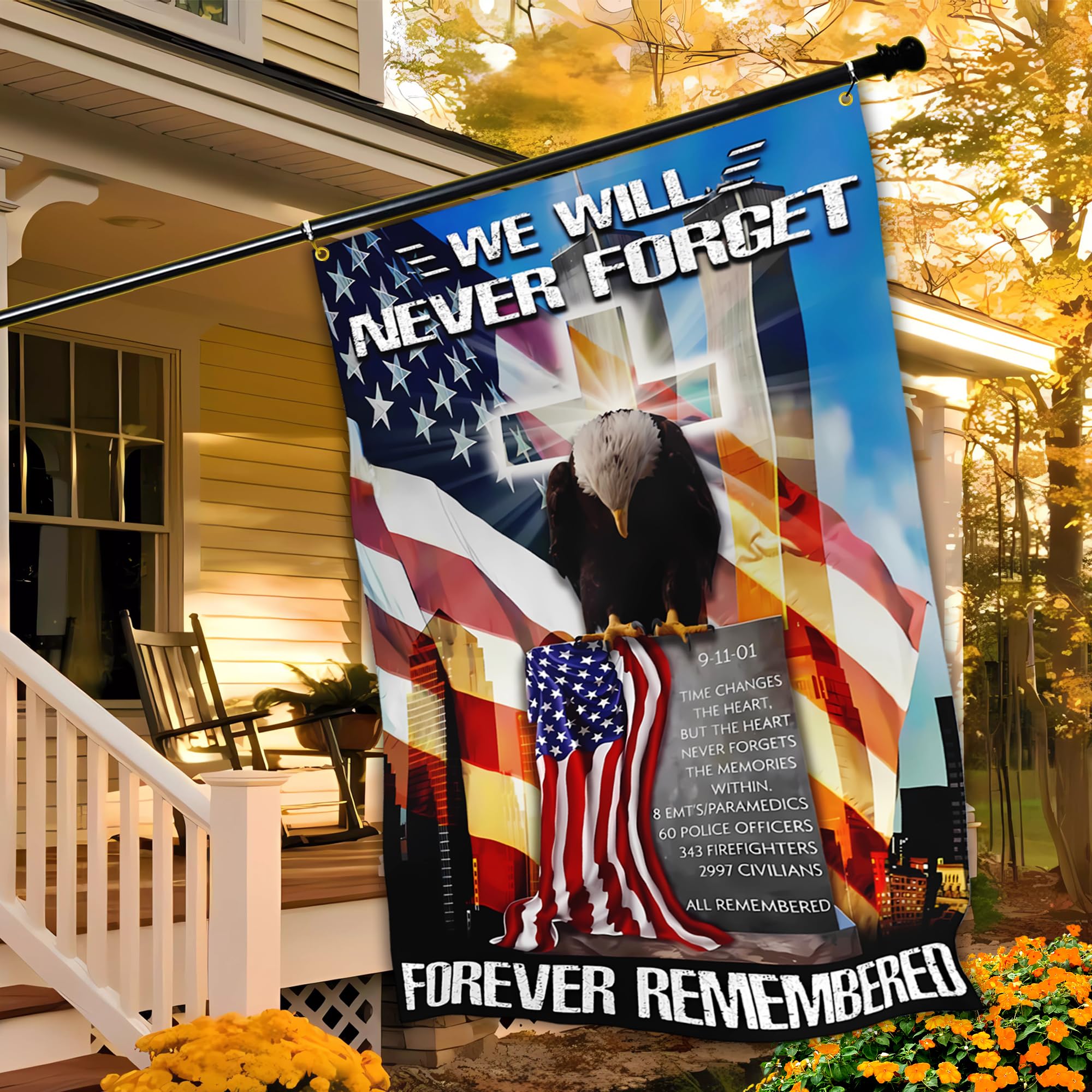 VOZUN 911 Never Forget Flag hanging outdoors