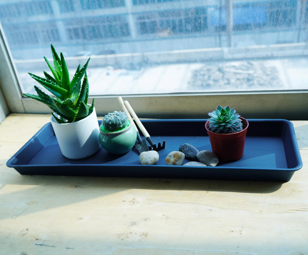 VUWEZ blue plant tray with a flower pot