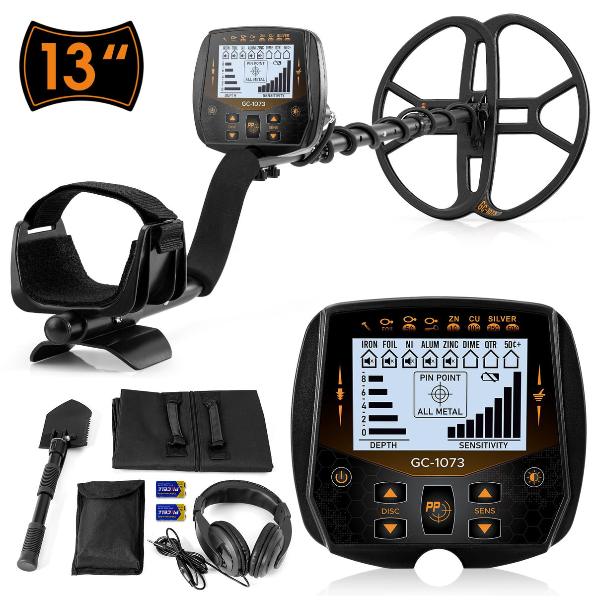 VVinRC 13-inch metal detector front view with waterproof DD coil