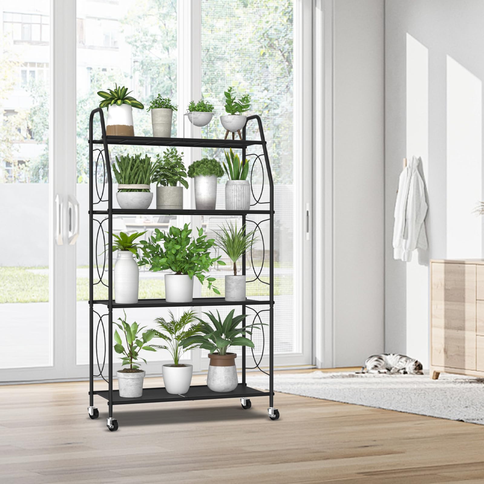 VyGrow 4 Tier Plant Stand in a garden setting with flowers