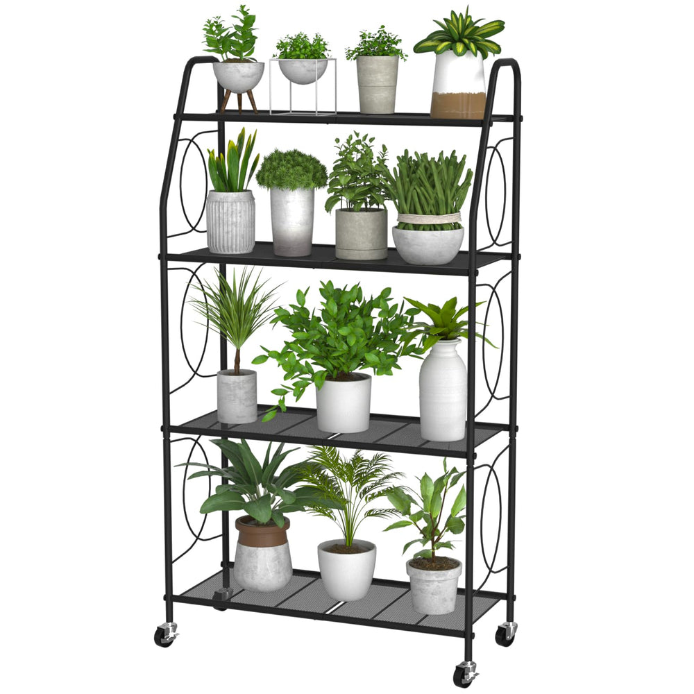 VyGrow 4 Tier Plant Stand with Wheels front view, black finish
