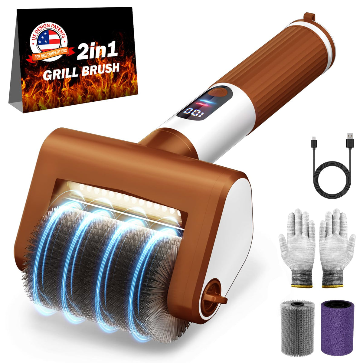 VYtoov Electric Grill Brush front view, brown color