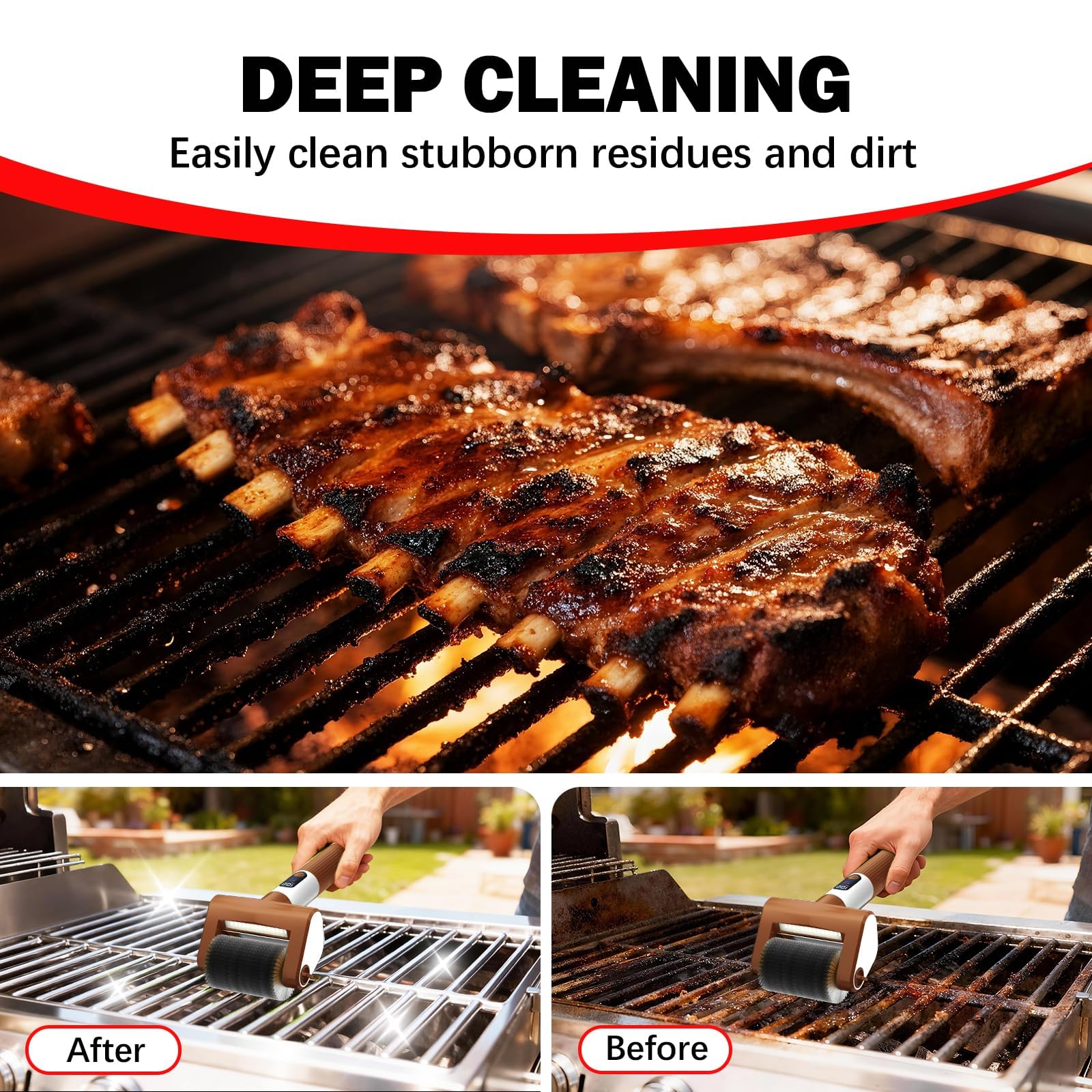 VYtoov Electric Grill Brush under use at night with LED lights