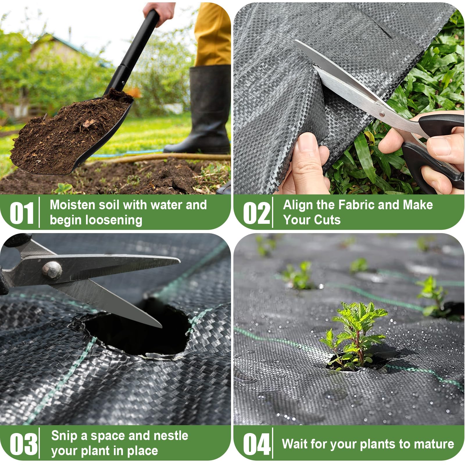 VZNEK weed barrier fabric roll with green cutting guidelines