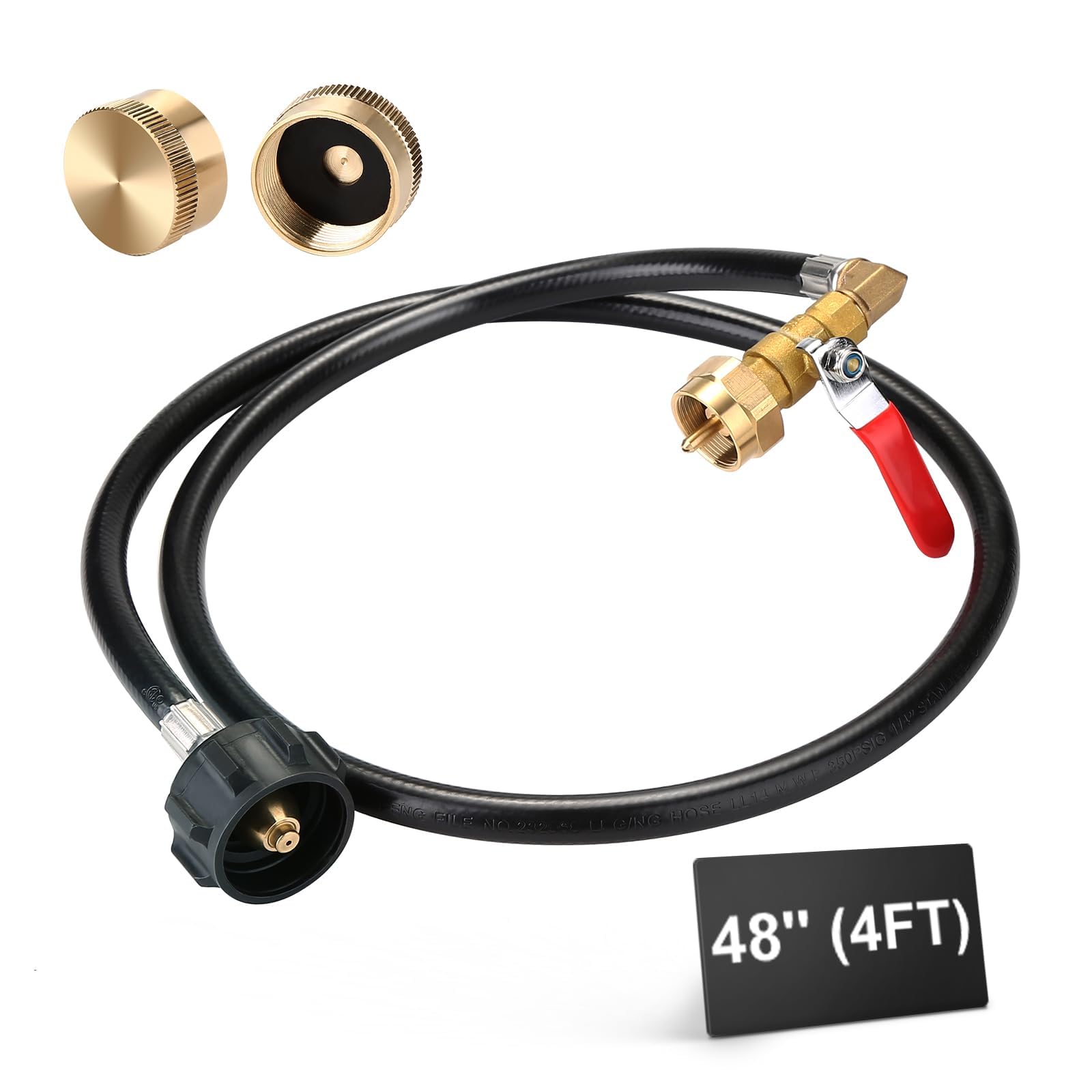 WADEO 4 ft propane refill adapter hose front view with control valve
