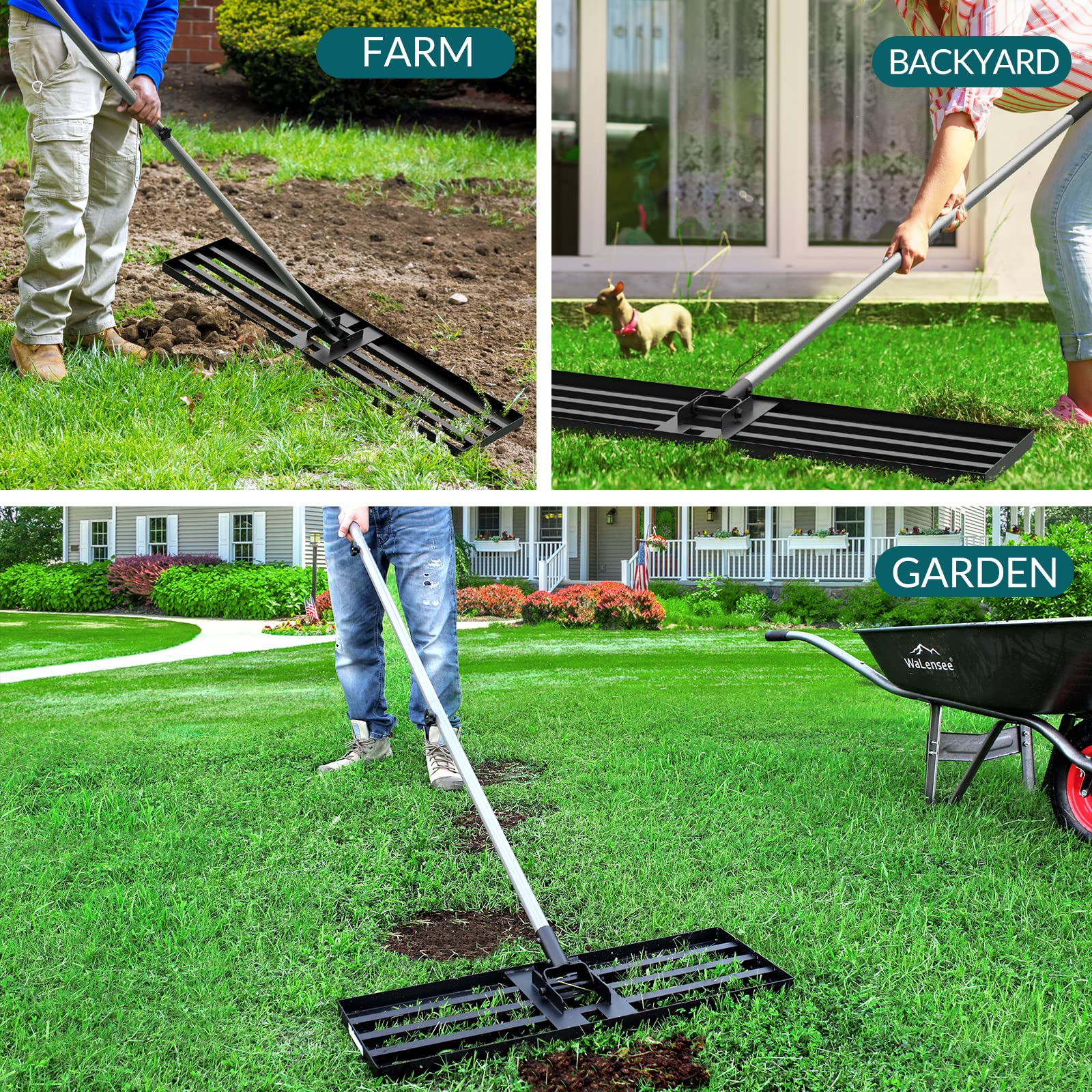 Walensee Lawn Leveling Rake on uneven lawn for topdressing