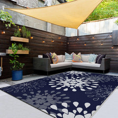 Wallona Outdoor Rug 5x8 ft blue and white floral design front view