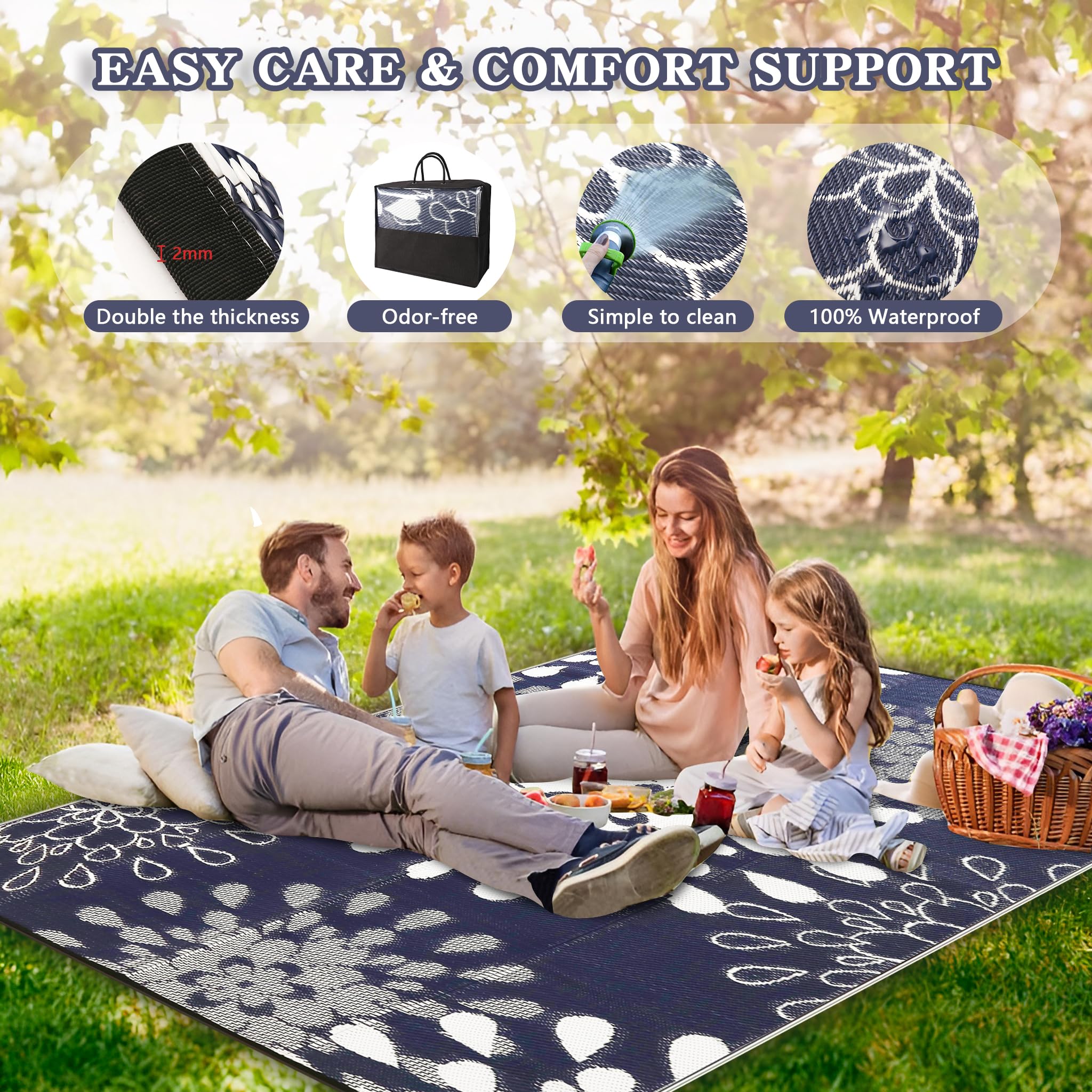 Wallona Outdoor Rug 6x9 ft Flower Blue and White lifestyle scene