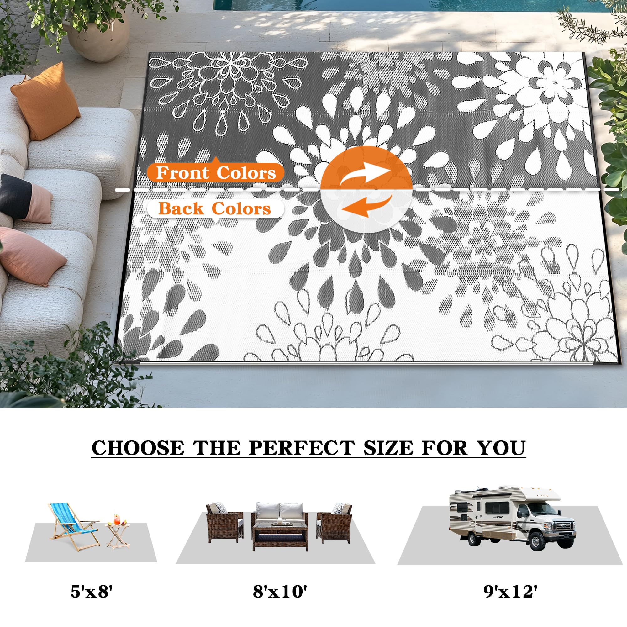 Wallona Outdoor Rug 8x10 ft Flower Grey & White close-up of texture