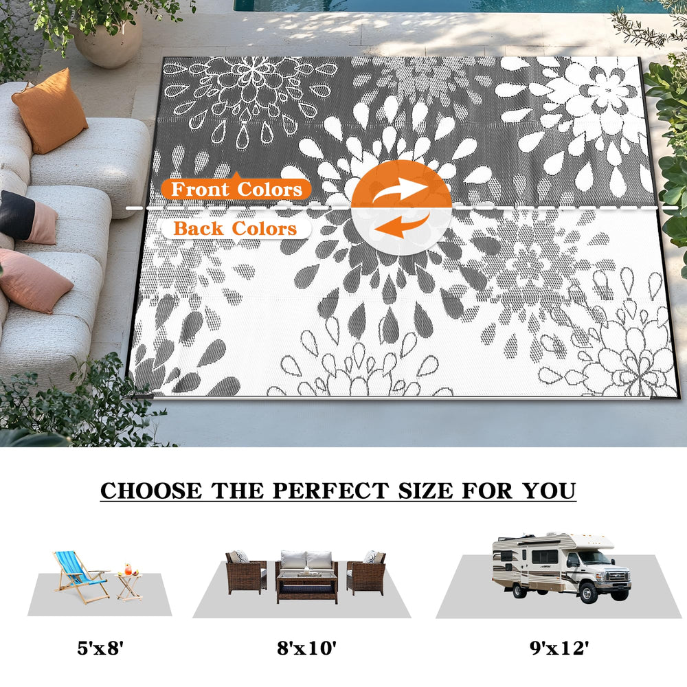 Wallona Outdoor Rug 8x10 ft Flower Grey & White close-up of texture