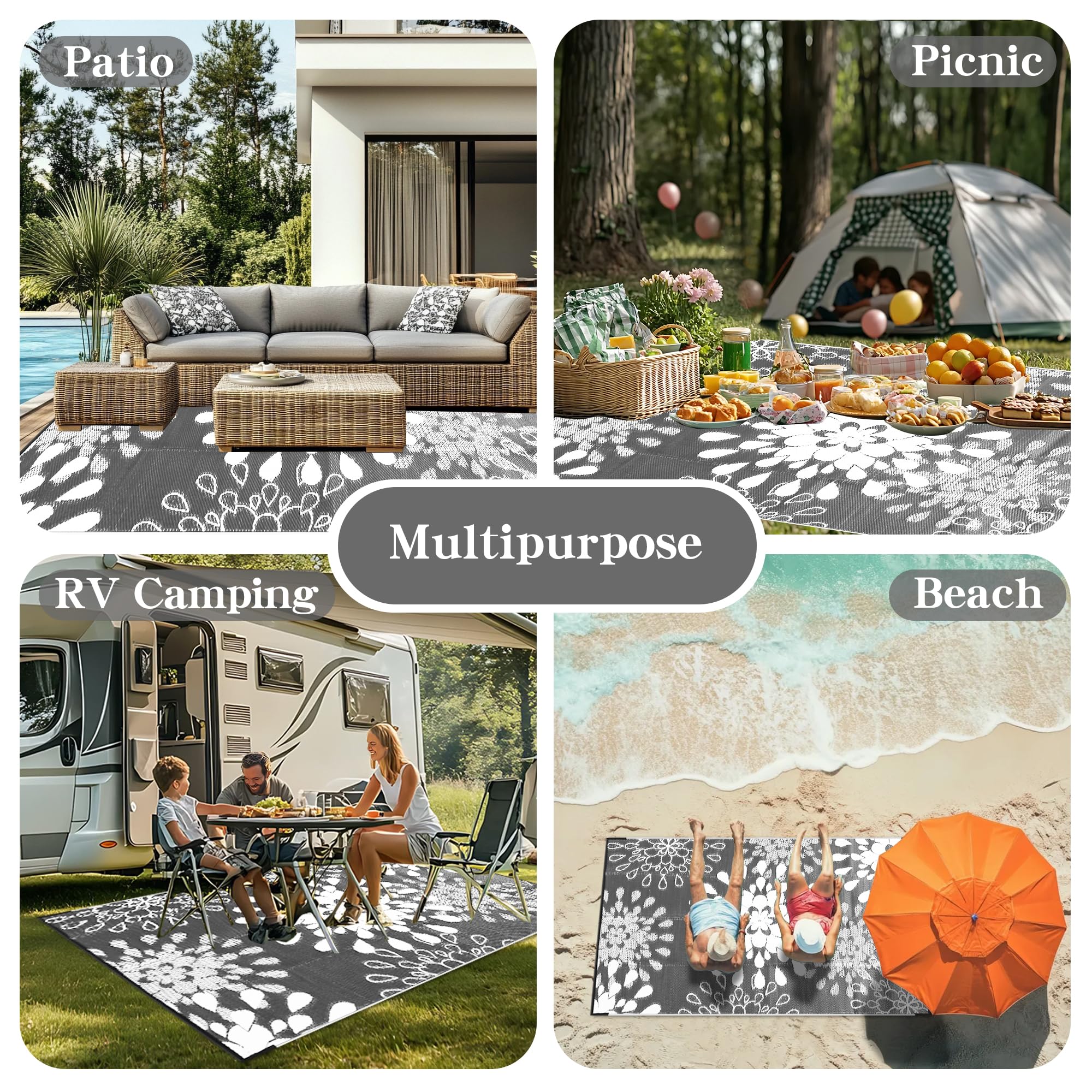 Wallona Outdoor Rug 8x10 ft Flower Grey & White folded with stakes