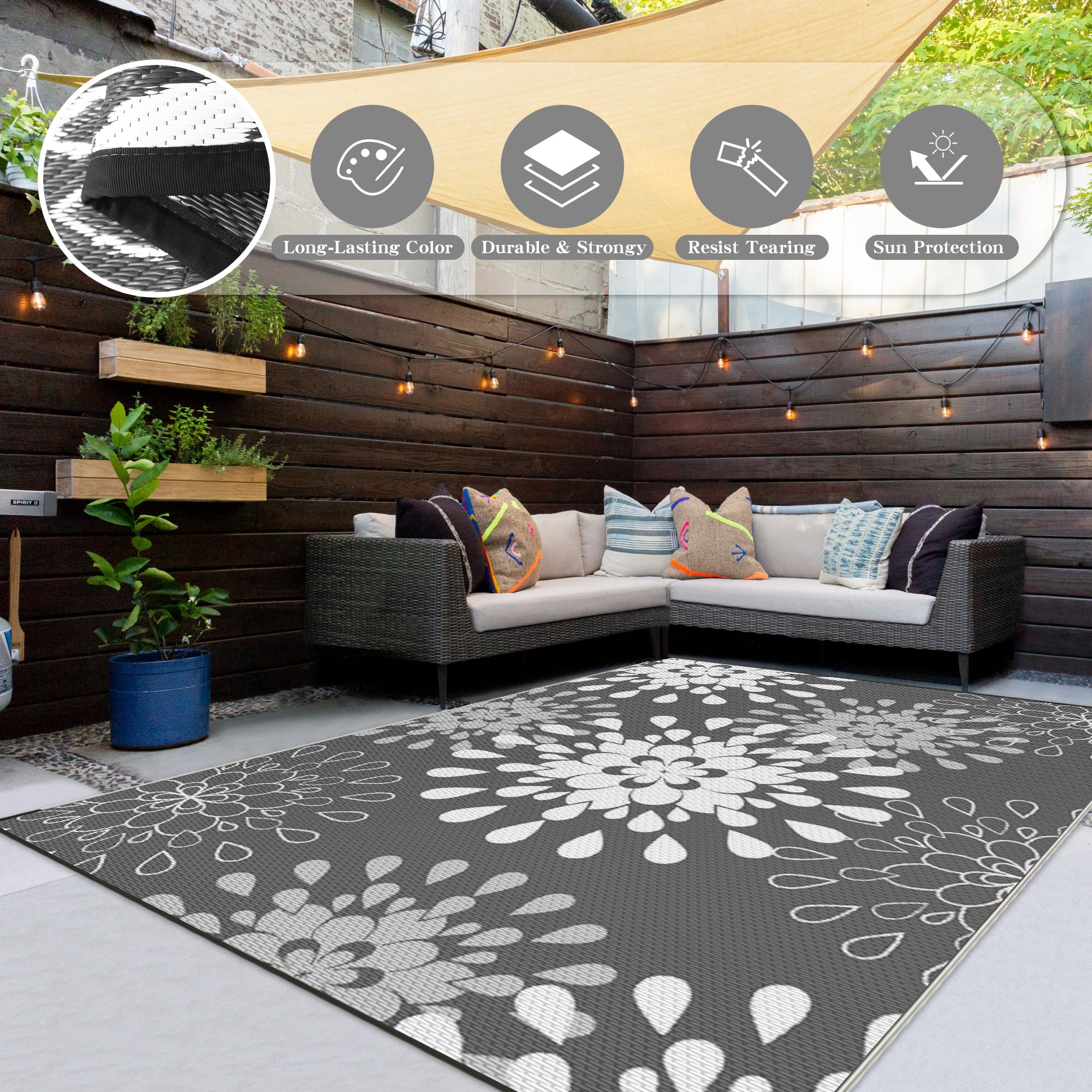 Wallona Outdoor Rug 8x10 ft Flower Grey & White with carry bag