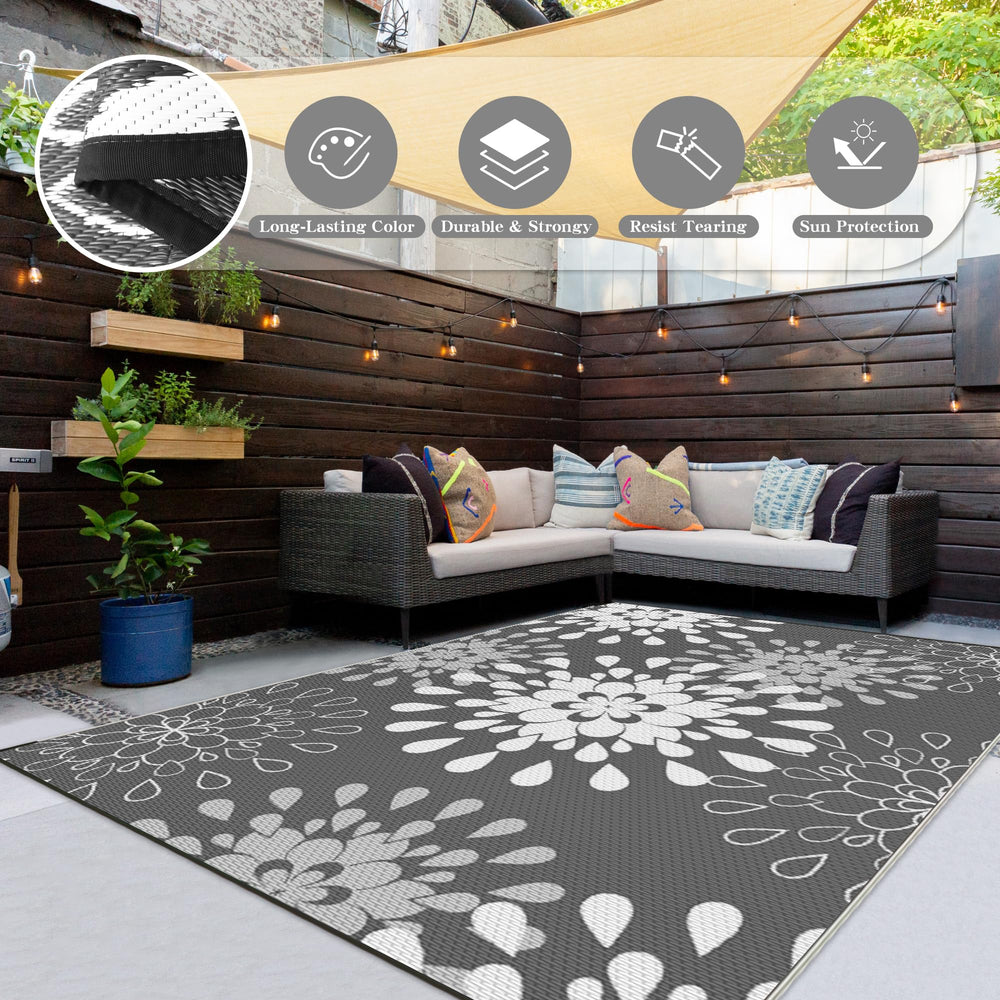 Wallona Outdoor Rug 8x10 ft Flower Grey & White with carry bag