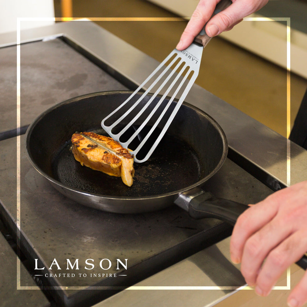 Walnut handle of Lamson spatula with brass rivets