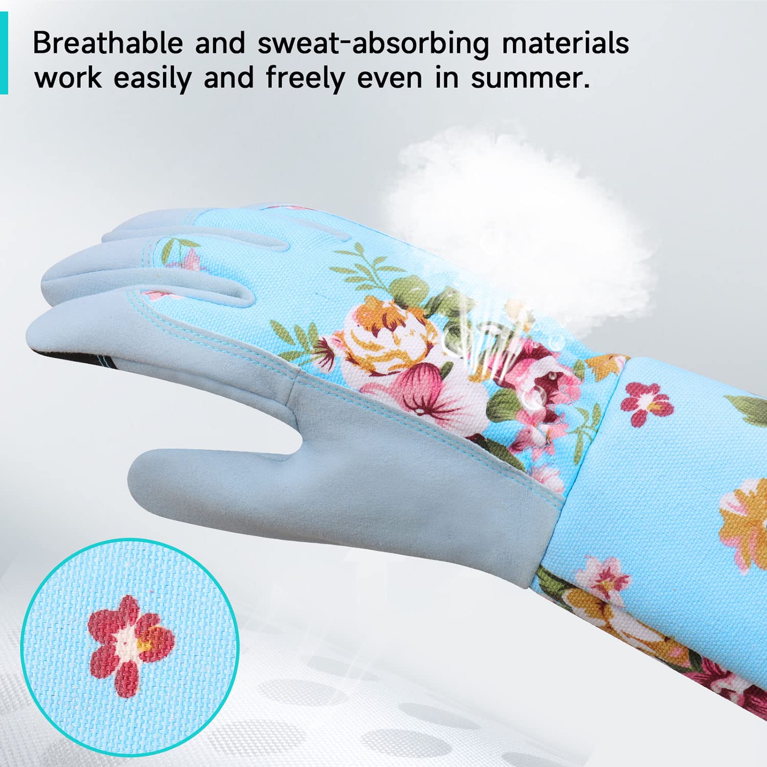 WANCHI Garden Gloves in blue, adjustable cuff detail